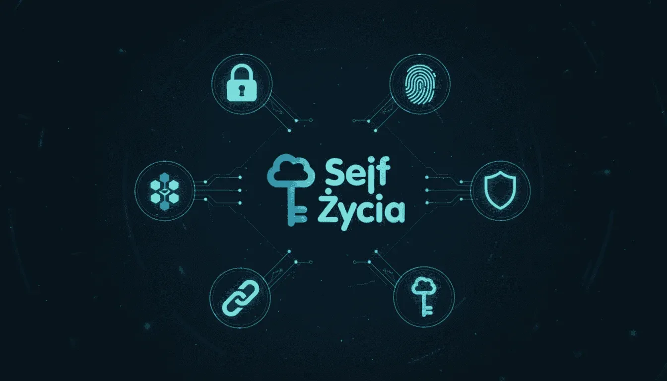 Logo Sejfu Życia otoczone ikonami bezpieczeństwa: zamek, odcisk palca, blockchain i tarcza - grafika na ciemnogranatowym tle.