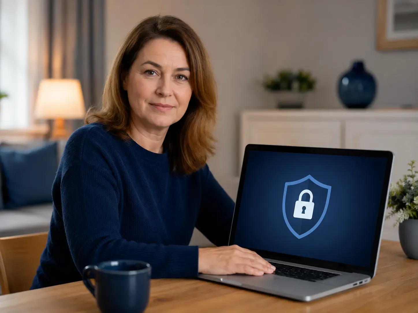 Kobieta przy laptopie z ekranem pokazującym ikonę tarczy z zamkiem - symbol bezpieczeństwa cyfrowego w domowej przestrzeni.