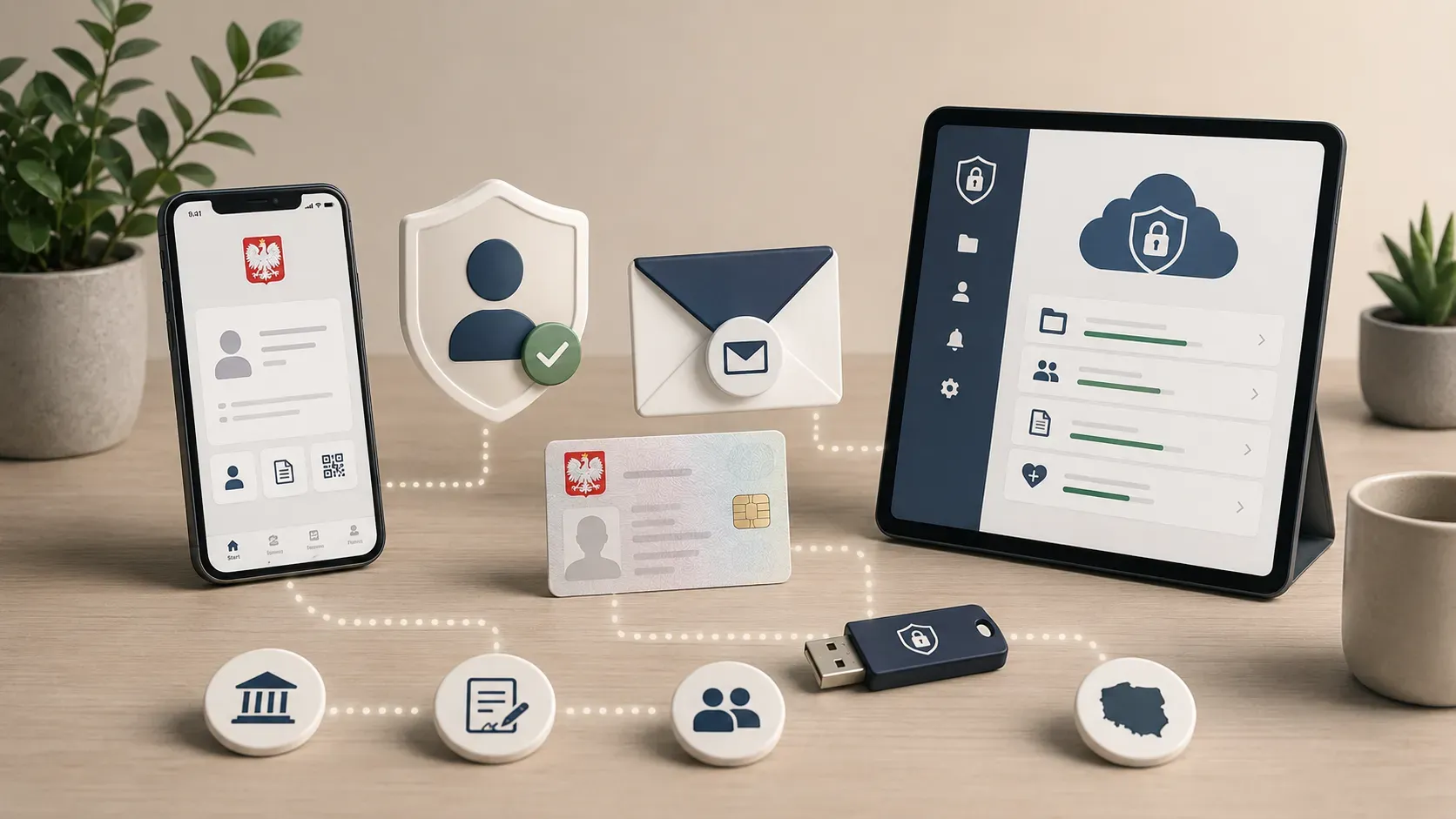 Smartfon z rządową aplikacją z godłem Polski, e-dowód z chipem, klucz USB i tablet ze skrzynką dokumentów, połączone kropkowaną linią w jeden zestaw narzędzi cyfrowej tożsamości.