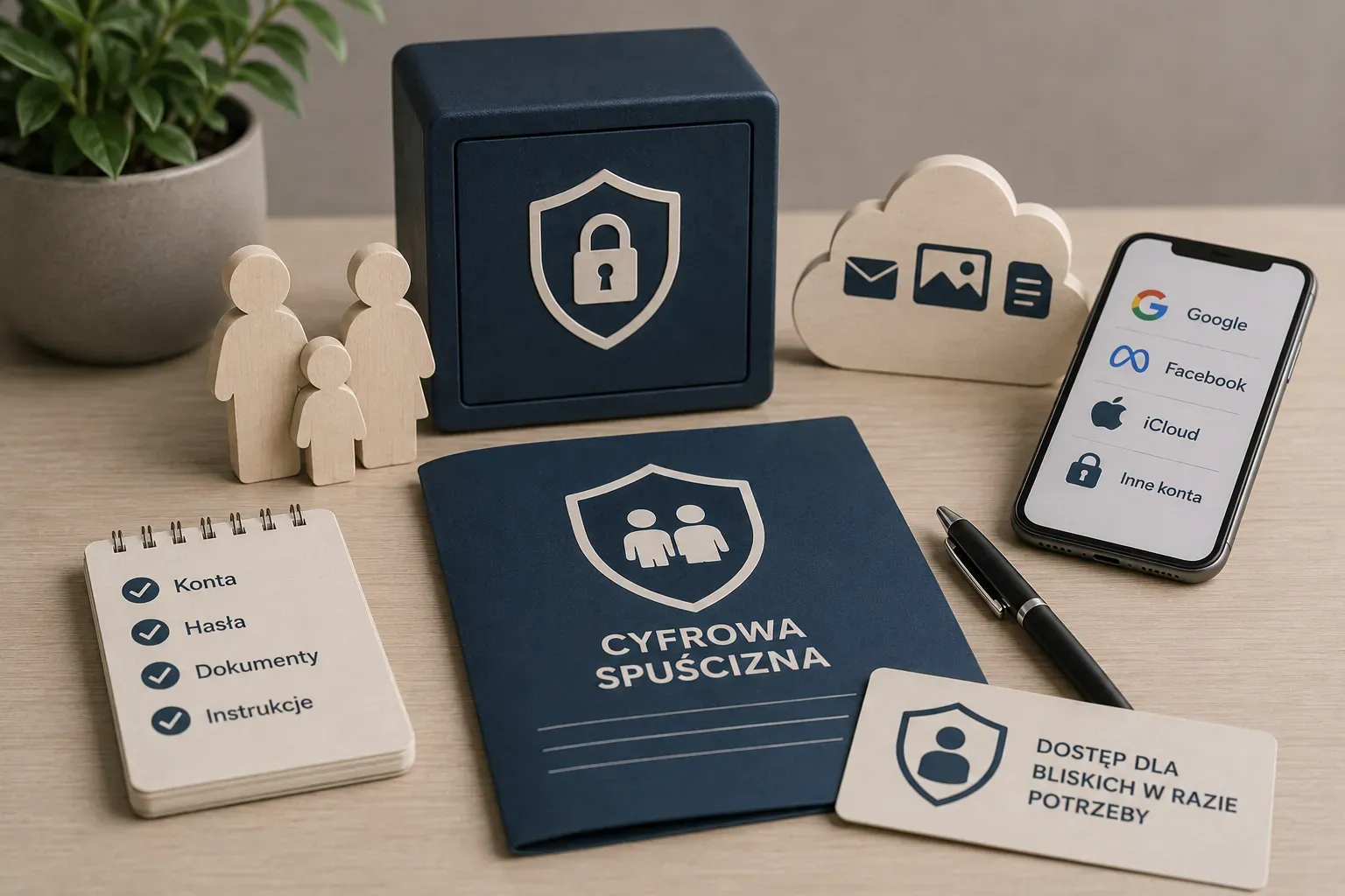 Granatowy sejf z symbolem kłódki, drewniane figurki rodziny i smartfon z listą kont Google, Facebook oraz iCloud, obok teczka opisana „Cyfrowa spuścizna".
