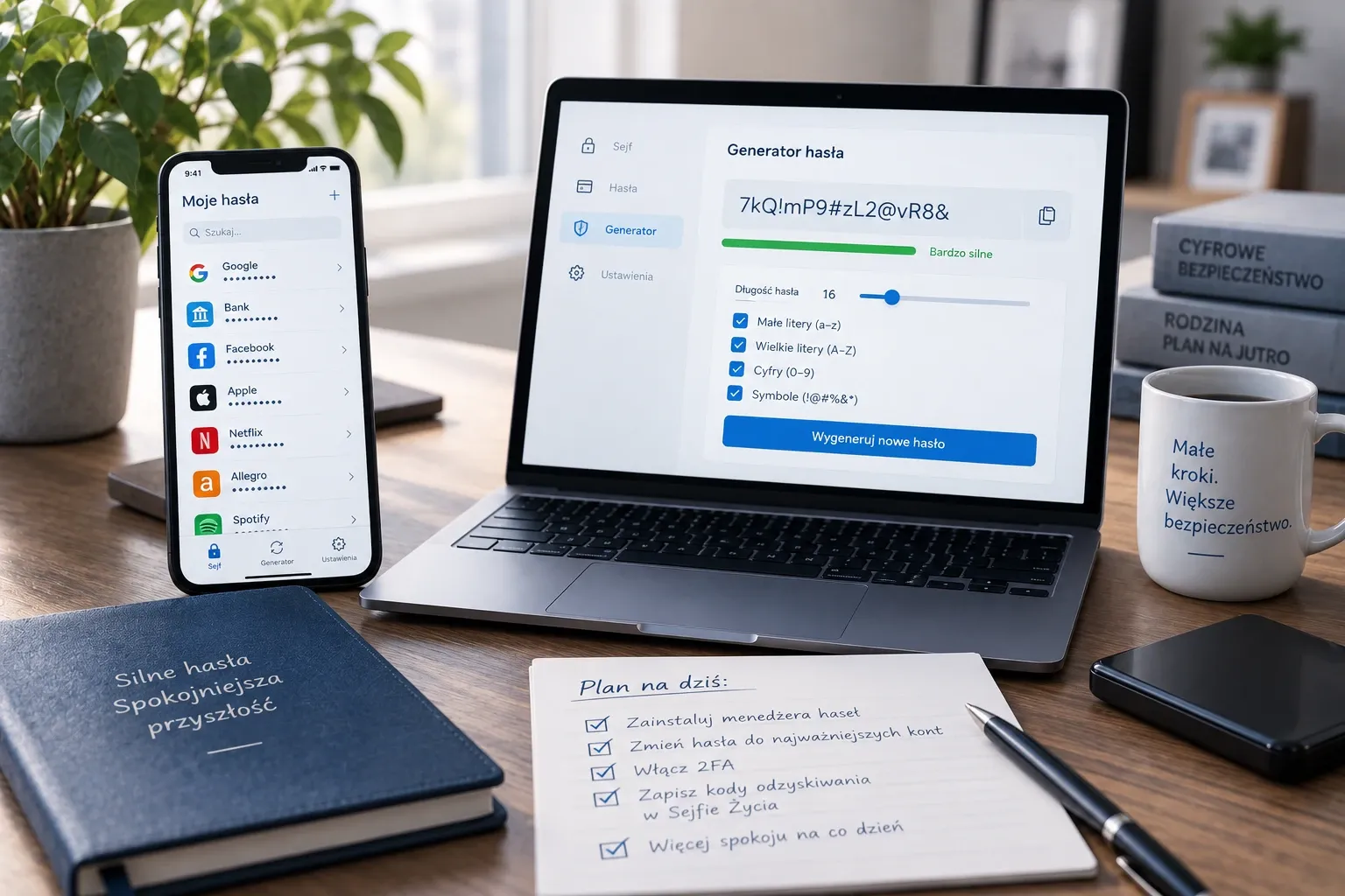 Telefon z listą zapisanych kont w menedżerze haseł obok laptopa z generatorem hasła i oceną „bardzo silne". Przed nimi notes z planem: zainstaluj menedżera haseł, zmień hasła do najważniejszych kont, włącz 2FA, zapisz kody odzyskiwania.