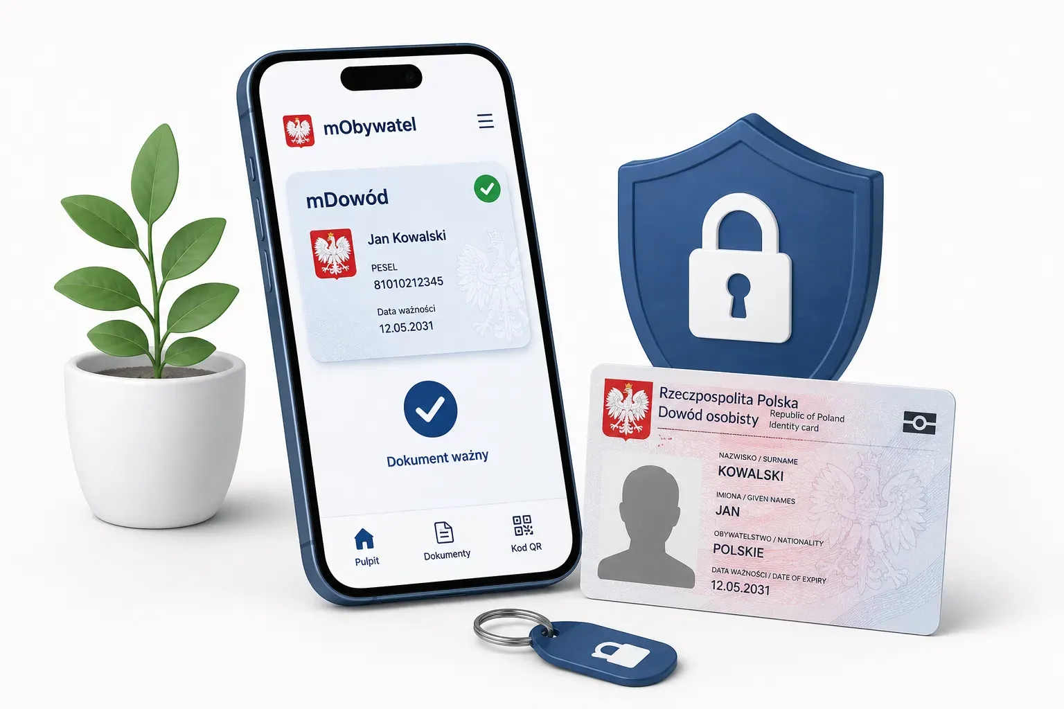 Aplikacja mObywatel z mDowodem na ekranie telefonu obok plastikowego dowodu osobistego i symbolu kłódki - porównanie cyfrowego i tradycyjnego dokumentu tożsamości.