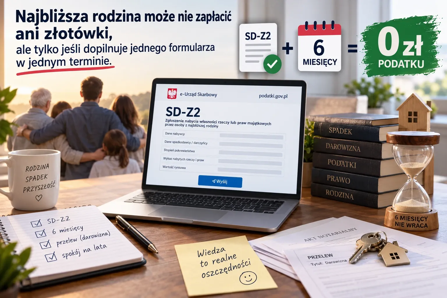 Biurko z otwartym laptopem, na ekranie formularz SD-Z2 w e-Urzędzie Skarbowym. Obok notes z odhaczoną listą: SD-Z2, 6 miesięcy, przelew przy darowiźnie, oraz klepsydra z podpisem „6 miesięcy".
