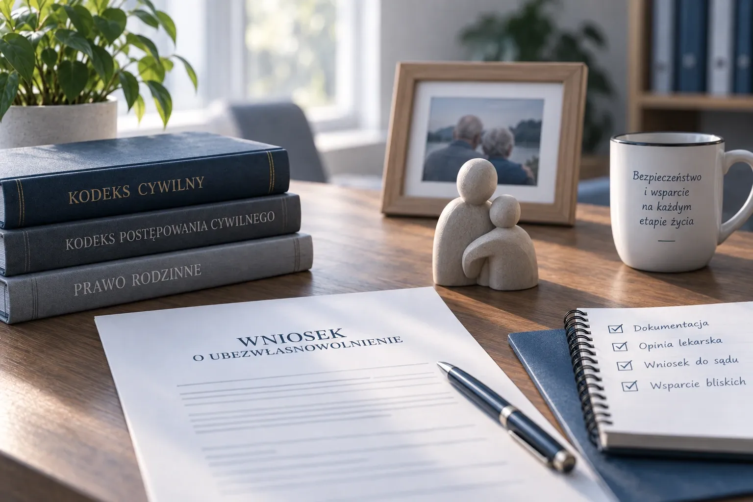 Biurko z formularzem „Wniosek o ubezwłasnowolnienie" i kodeksami: cywilnym, postępowania cywilnego oraz prawem rodzinnym. Obok figurka dwóch przytulonych postaci, zdjęcie starszej pary i notes z listą: dokumentacja, opinia lekarska, wniosek do sądu, wsparcie bliskich.