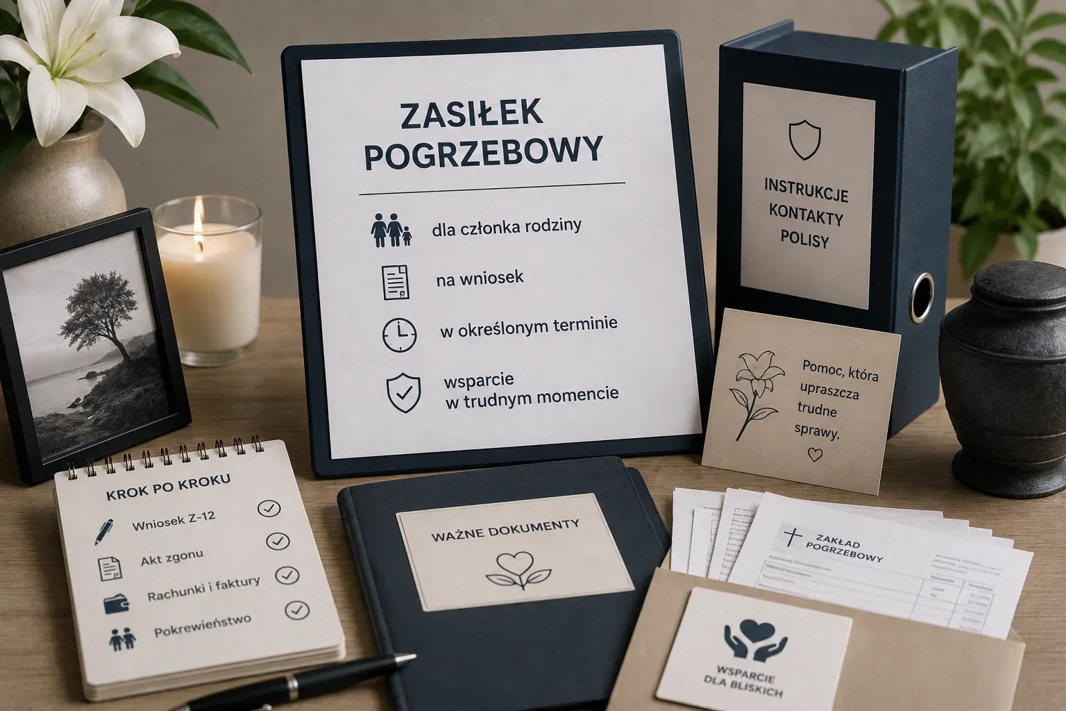 Tablica z napisem „Zasiłek pogrzebowy" i warunkami przyznania, obok notes z listą krok po kroku: wniosek Z-12, akt zgonu, rachunki i faktury oraz dowód pokrewieństwa.